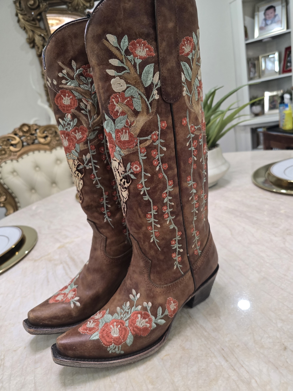 Corral Brown Suede Floral Embroidered Western Knee Boots